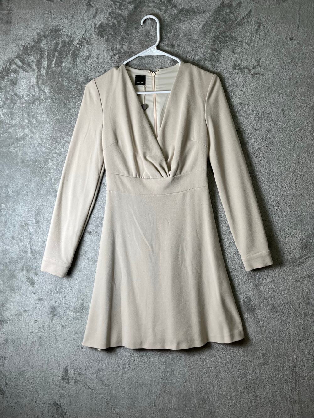 PINKO Long Sleeve Mini Dress Ivory Beige 38 XS Elegant Quiet Luxury Career New